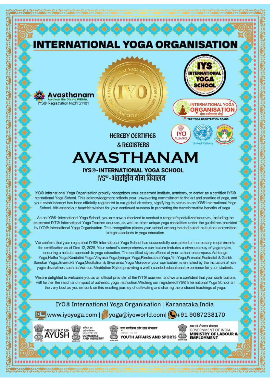 International Yoga Organisation Certificate for Avasthanam